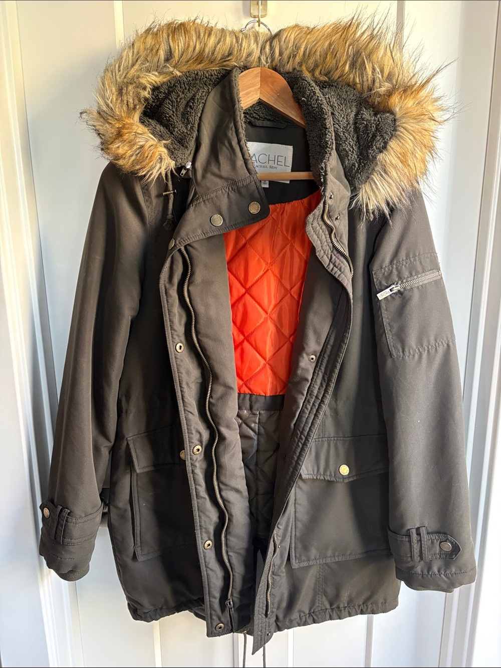 Rachel Olive Green Hooded Puffer Parka with Quilted Lining Size M